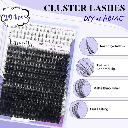 Fluffy Lash Clusters with Bottom Lashes 12-25Mm Thick Volume Cluster Eyelash Extensions 294Pcs Wispy Individual Lashes with Lower Eyelash Clusters 120D Plant Fibers D Curl Lashes Clusters DIY at Home