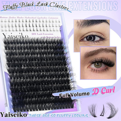 Fluffy Lash Clusters with Bottom Lashes 12-25Mm Thick Volume Cluster Eyelash Extensions 294Pcs Wispy Individual Lashes with Lower Eyelash Clusters 120D Plant Fibers D Curl Lashes Clusters DIY at Home